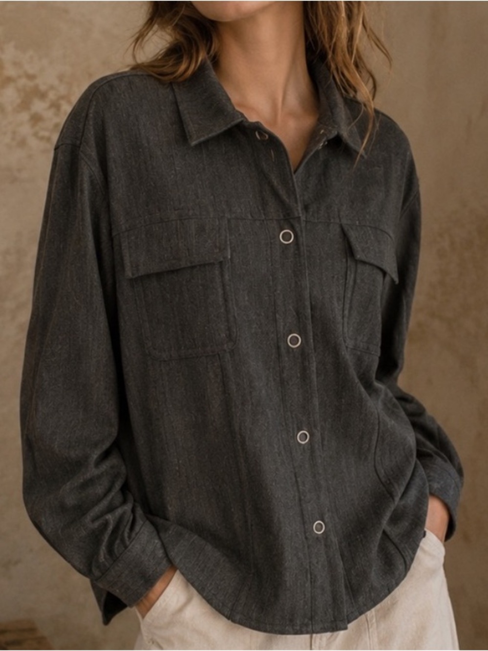 Vtg 90’s Chicos Dark Gray Oversized Snap Down Top Shirt Shacket Wednesday Addams